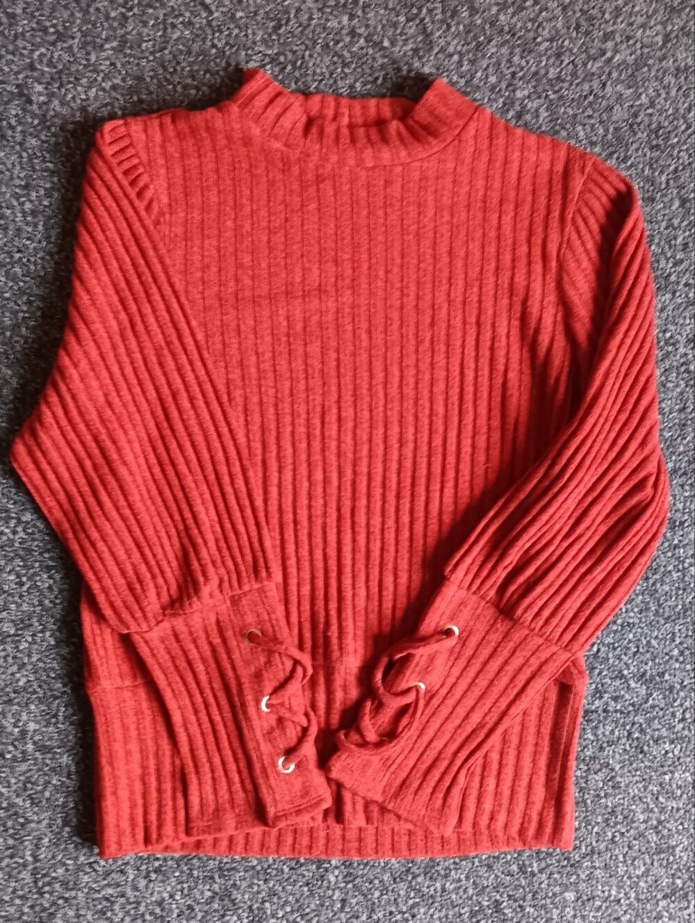 Ribbed Rust Orange Red Lace Cuff Accent Boho Long Sleeve Sweater Shirt Sz. Large